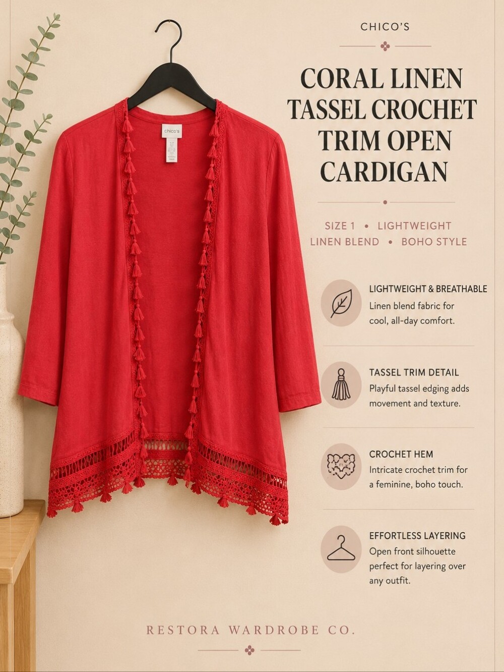 Chico’s Coral Linen Blend Tassel Crochet Trim Open Cardigan Size 1
